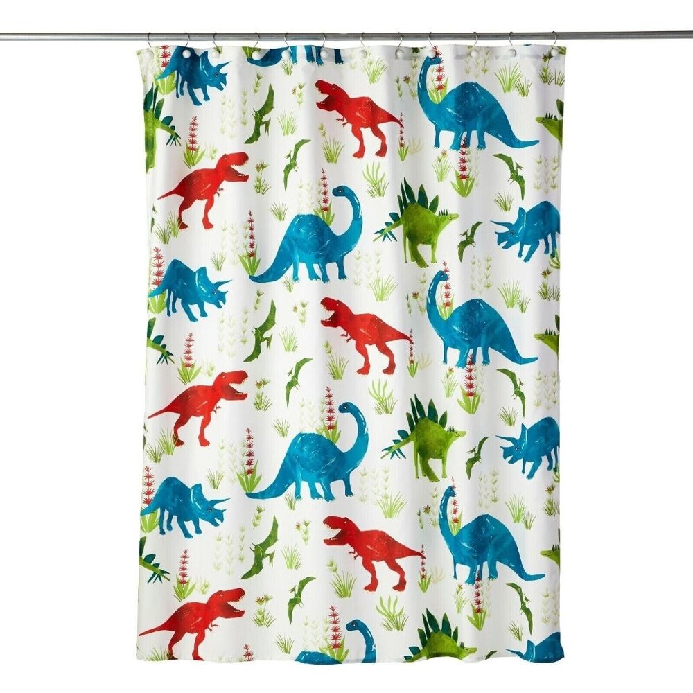 Dinosaurs Fabric Shower Curtain Brontosaurus Plants Bath Green Blue Red NWT